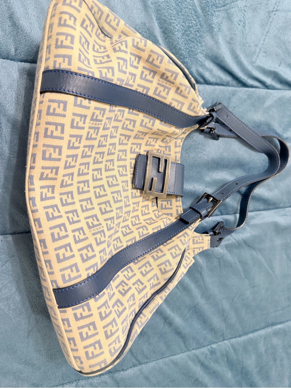 Fendi Beige FF Canvas Shoulder Bag with Blue Leather Trim